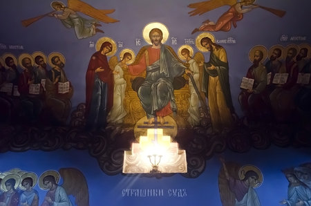 Image of the Last Judgment (Scary of God's judgment) on the wall of Trinity cathedral in Pochaev Lavra, Ukraineのeditorial素材