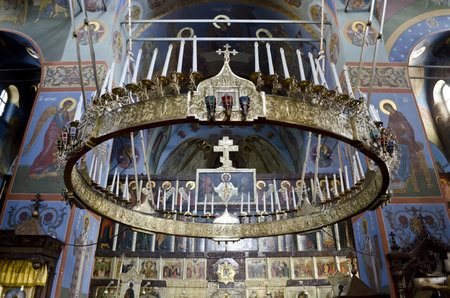 Interior of the Trinity cathedral in Pochaev Lavra (Pochayiv) near lvov, Ukraine. Icons of the...