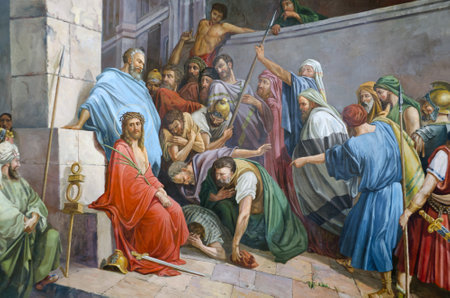Interior of the Barbara Church in Pochaev Lavra (Pochayiv) near lvov, Ukraine. Mural depicting Jesus Christ before the crucifixion. Author unknown.のeditorial素材