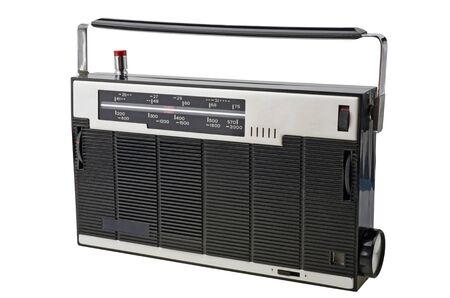 Black and silver retro radio closeup, isolated over whiteの写真素材
