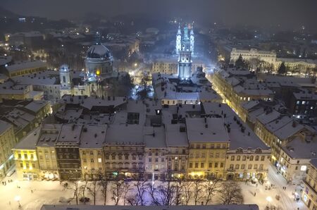 Snowy panorama of Lvov on Christmas and New year Eve  Ukraineの写真素材