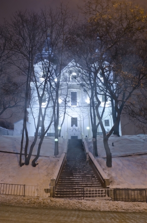 Beautiful winter cityscape at the night - Catholic Church Discalced Carmelites in Lvovの写真素材