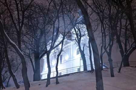 Beautiful winter cityscape at the night - Catholic Church Discalced Carmelites in Lvovの写真素材