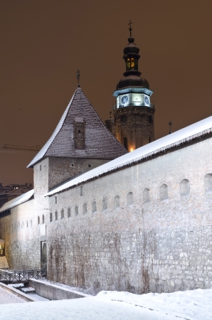 Snowy Bernardine Monastery in Lvov at the nightの写真素材