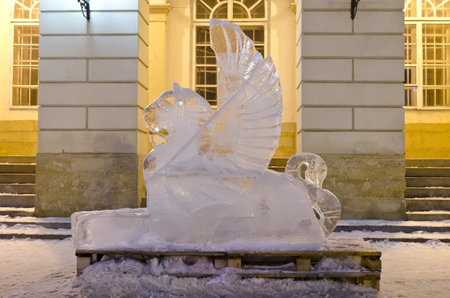LVOV, UKRAINE - JANUARY 24: In Lvov was ice sculpture competition on January 24, 2013 in Lviv, Ukraine.  In photo - sculpture participated in the competition. Author Unknown のeditorial素材