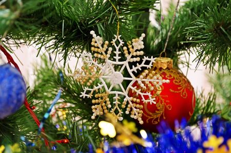 New Year background - beautiful toys on a Christmas treeの写真素材