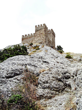 Ruins of the Genoese fortress on the mountain in Sudak, Crimea