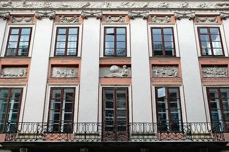 Beautiful facade of the building in Lvov city  Ukraine  with bas-reliefsの写真素材