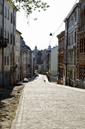Beautiful cityscape - old street in Lvov, Ukraineの写真素材
