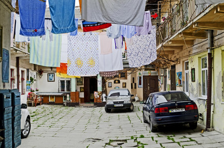 Lvov, Ukraine - MAY 02, 2013: Residents of one of a house Lviv decorated their patio in retro style on May 02, 2013 in Lviv, Ukraine. のeditorial素材