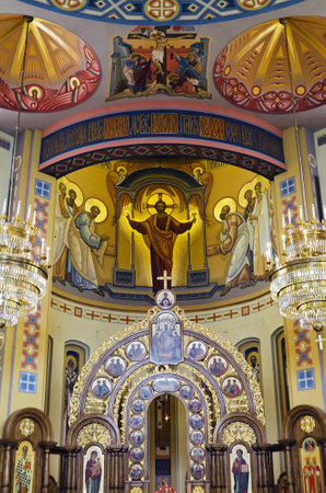 LVOV, UKRAINE - JUNE 13: Jesus christ on the wall painting in built church of St. Vladimir and Olga on June 13, 2013 in Lviv, Ukraineのeditorial素材