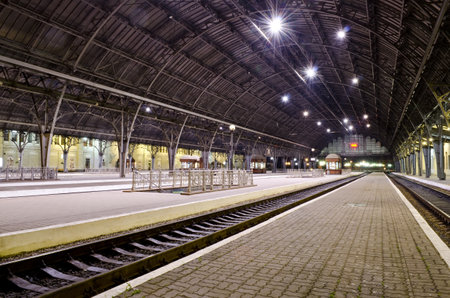 Passenger platform at the night on the railway station in Lvov, Ukraineのeditorial素材