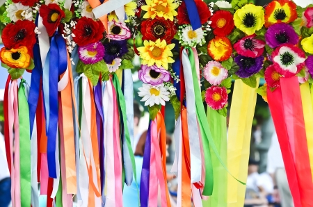 Colored ribbons with flowers close-upの写真素材