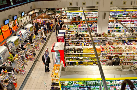 KIEV, UKRAINE - OCTOBER 01: In Suvorov Street in the center of Kiev, opened supermarket "Sil'po" on October 01, 2013 in Kyiv, Ukraineのeditorial素材