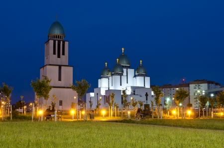 Night cityscape - Church of the Nativity of the Blessed Virgin Mary in Lvov, Ukraineの写真素材