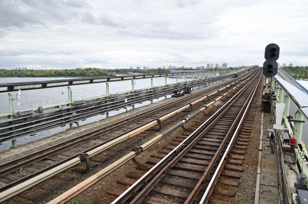 Metro rails on the bridge in Kiev, Ukraineの写真素材