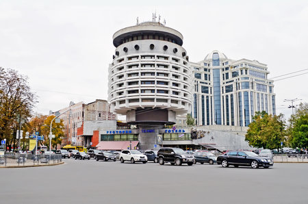 KIEV, UKRAINE - OCTOBER 01: In the center of Kiev was constructed building not a usual form - the hotel "Salyut" on October 01, 2013 in Kyiv, Ukraine. のeditorial素材