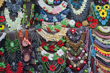 Beaded jewelry on display in the street market for touristsのeditorial素材