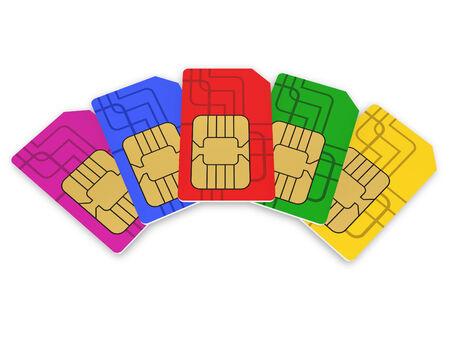 Multi colored SIM cards, isolated on white backgroundの写真素材
