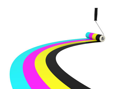 Print CMYK colors using a roller, isolated over whiteの写真素材