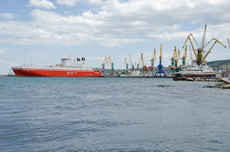 FEODOSIA, CRIMEA, RUSSIA - JUNE 12  Cargo loading on the ferry in the seaport on June 12, 2014 in Feodosia, Crimea, Russiaのeditorial素材