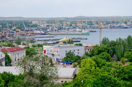 KERCH, CRIMEA, RUSSIA - MAY 31  View from Mount Mithridates at sea trading port on May 31, 2014 in Kerch, Crimea, Russiaのeditorial素材