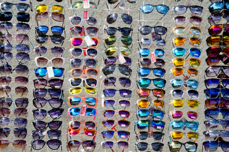 FEODOSIA, CRIMEA, RUSSIA - JUNE 12  Selling sunglasses on the street in the center of Feodosia on June 12, 2014 in Feodosia, Crimea, Russiaのeditorial素材