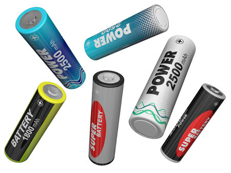 Scatter in different directions AA batteries, isolated over white. Made in 3D.の写真素材