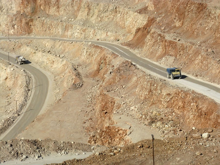 Industrial background - mining truck in Pilaroscia career fluxing limestone in Balaklava, Crimea, Russiaのeditorial素材