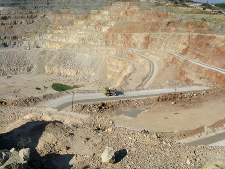 Industrial background - mining truck in Pilaroscia career fluxing limestone in Balaklava, Crimea,...