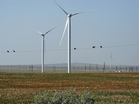 Beautiful landscape - Giant wind stations close-up in the steppe in Crimea, Russiaの写真素材