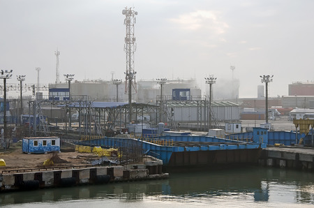 Train ferry close-up in the port of Kavkaz