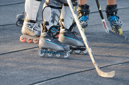 KERCH, CRIMEA, RUSSIA - SEPTEMBER 05: Hockey on roller skates on the feast Day of the city of Kerch on September 05, 2014 in Kerch, Crimea, Russiaのeditorial素材