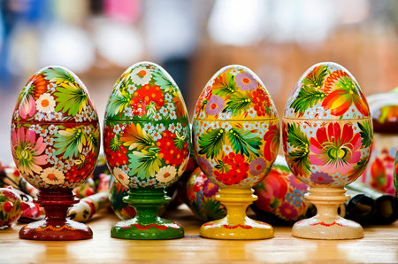 LVOV, UKRAINE - APRIL 28: Four painted easter eggs close-up at the Easter fair in the city centre on April 28, 2013 in Lvov, Ukraineのeditorial素材