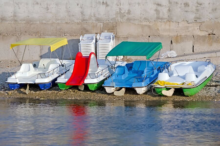 Pedalos on the beach in Crimea, Ukraineの写真素材
