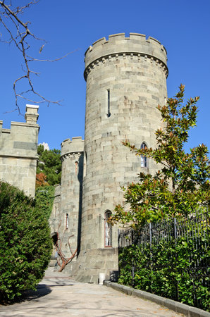 Architectural landmark - Tower and the facade of the Vorontsov Palace in Alupka, Yalta, Crimea. The entrance to the Palaceのeditorial素材