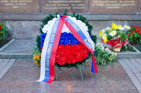 Wreath close-up at the memorial of the heroic defense of Sevastopol 1941-1942. Sevastopol, Crimea, Russiaのeditorial素材