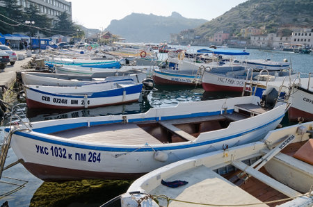 SEVASTOPOL, CRIMEA, RUSSIA - NOVEMBER 04: Many motor boats parked in Balaclava on November 04, 2014 in Sevastopol, Crimea, Russiaのeditorial素材