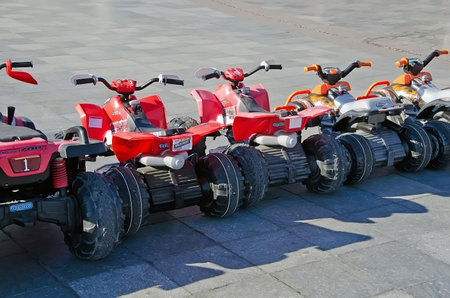 YALTA, CRIMEA, RUSSIA - NOVEMBER 06: Fun for kids - children's amusement rental cars on the waterfront in Yalta on November 06, 2014 in Yalta, Crimea, Russiaのeditorial素材