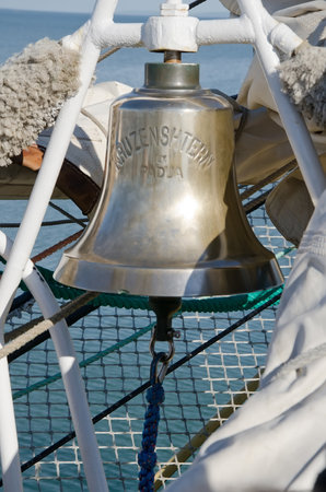 KERCH, CRIMEA, RUSSIA - MAY 05: Bell on sailboat Krusenstern per day free entrance in port of Kerch on May 05, 2015 in Kerch, Crimea, Russiaのeditorial素材