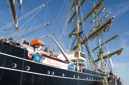 KERCH, CRIMEA, RUSSIA - MAY 05: Entrance to sailboat Kruzenstern per day free entrance in port of Kerch on May 05, 2015 in Kerch, Crimea, Russiaのeditorial素材