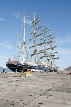 KERCH, CRIMEA, RUSSIA - MAY 05: Sailboat Kruzenstern per day free entrance in port of Kerch on May 05, 2015 in Kerch, Crimea, Russiaのeditorial素材
