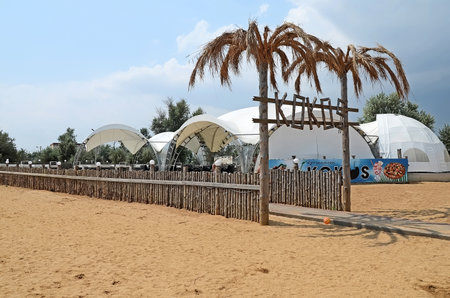 KERCH, CRIMEA, RUSSIA - AUGUST 17: Entrance to the nightclub "Kokos" on the beach in Kerch on August 17, 2015 in Kerch, Crimea, Russiaのeditorial素材