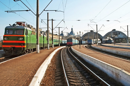 Trains at the railway station in Lvov, Ukraineのeditorial素材