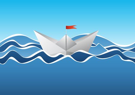 Paper boat on of blue sea wave in vectorのイラスト素材