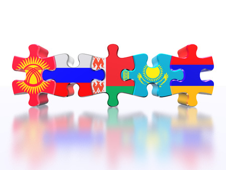 Puzzle - Symbol of the Eurasian Customs Union (EACU). Economic Union countries: Russia, Belarus, Kazakhstan, Armenia, Kyrgyzstan. Isolated over whiteの写真素材