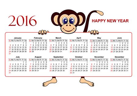 American calendar 2016 in vector isolated on white background. Happy New year 2016! The Year of the monkeyのイラスト素材