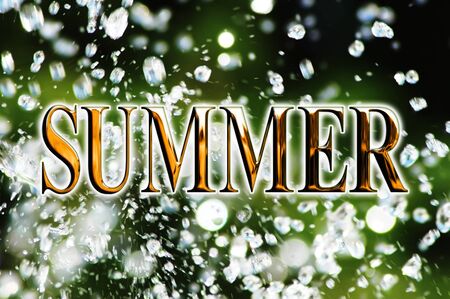 Word Summer on the background of water spray, drops in motionの写真素材