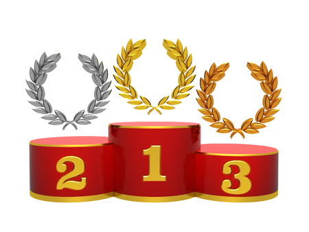 Gold, silver and bronze wreath on pedestal isolated on white backgroundの写真素材