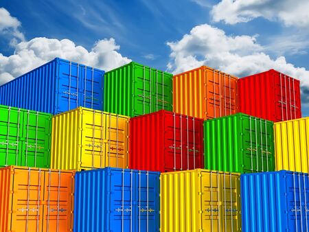 Colorful stacked freight shipping containers against clouds